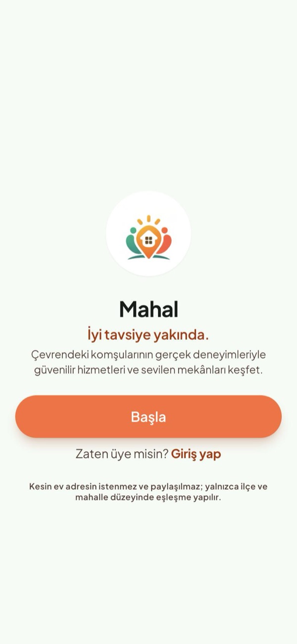 Mahal karşılama ekranı: başla ve giriş yap düğmeleri